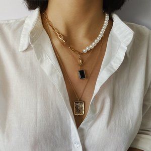 Necklace with 3 Layers, Gold Necklace, Pearl Necklace